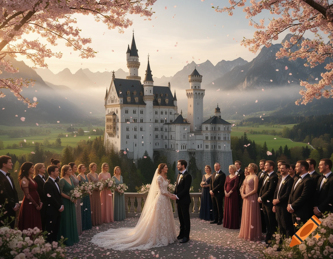 Photorealistic image of a wedding ceremony on a balcony overlooking Neuschwanstein Castle, surrounded by mountains and falling cherry blossoms.