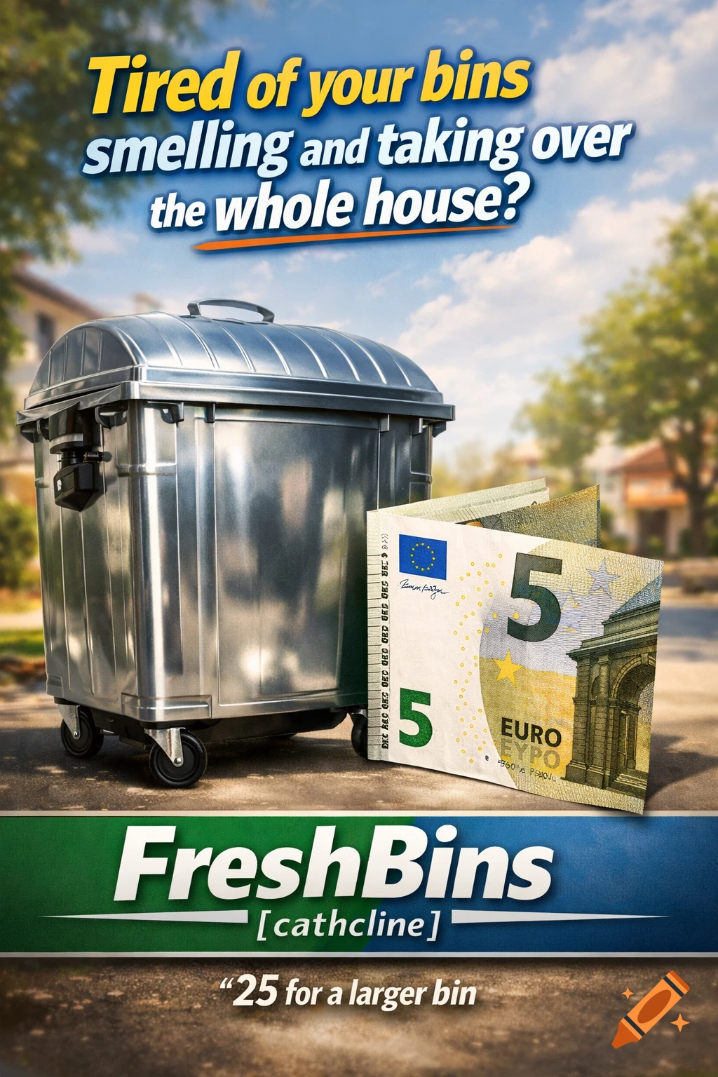 A promotional poster for FreshBins, showing a silver trash bin and a 5 Euro note on a street, with text about bin cleaning services.