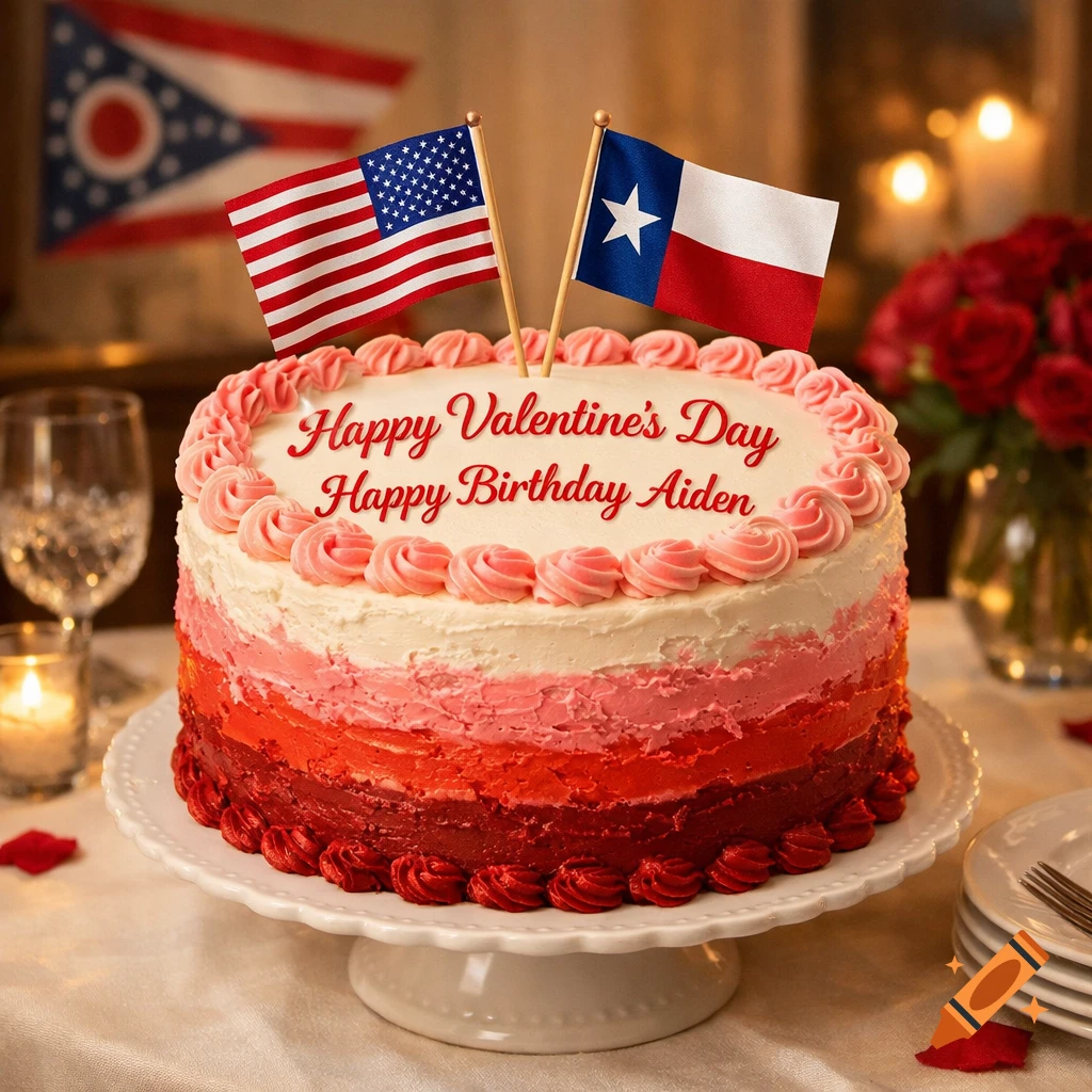 A colorful ombre cake with white, pink, and red frosting sits on a white stand. It's topped with small American and Texas flags, and decorated with text that says "Happy Valentine's Day Happy Birthday Aiden." In the blurred background, an Ohio flag is visible along with other party decorations.