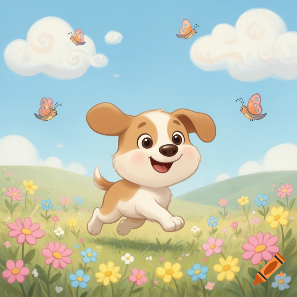 A happy cartoon puppy running through a field of colorful flowers under a blue sky with clouds and butterflies.