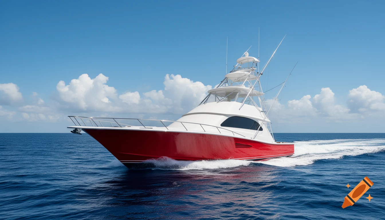 A red-hulled sportfish yacht cruises on choppy blue ocean water under a partly cloudy sky.