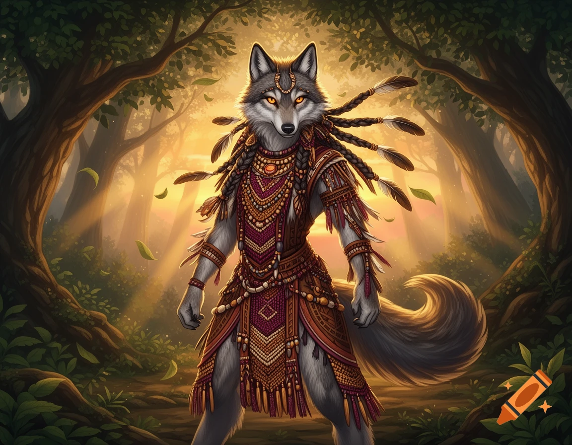 An anthro wolf in tribal attire stands in a sunlit forest, digital illustration.