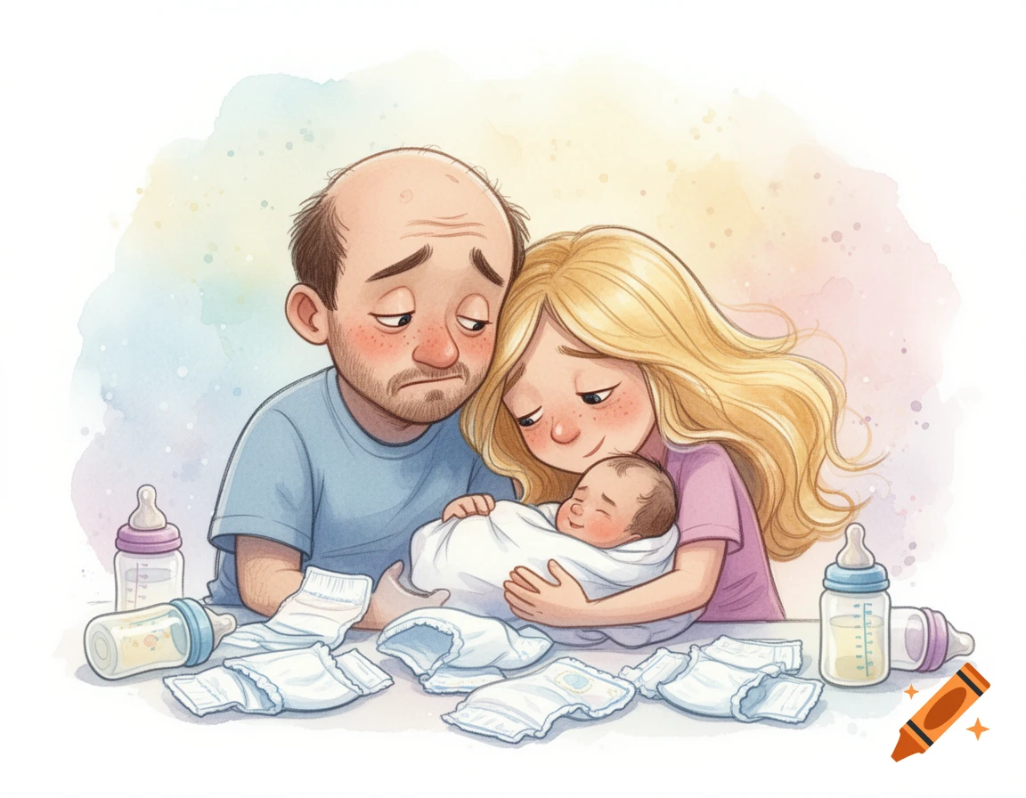 A watercolor illustration of a tired young couple, a man and a blonde woman, holding their baby, surrounded by diapers and baby bottles.
