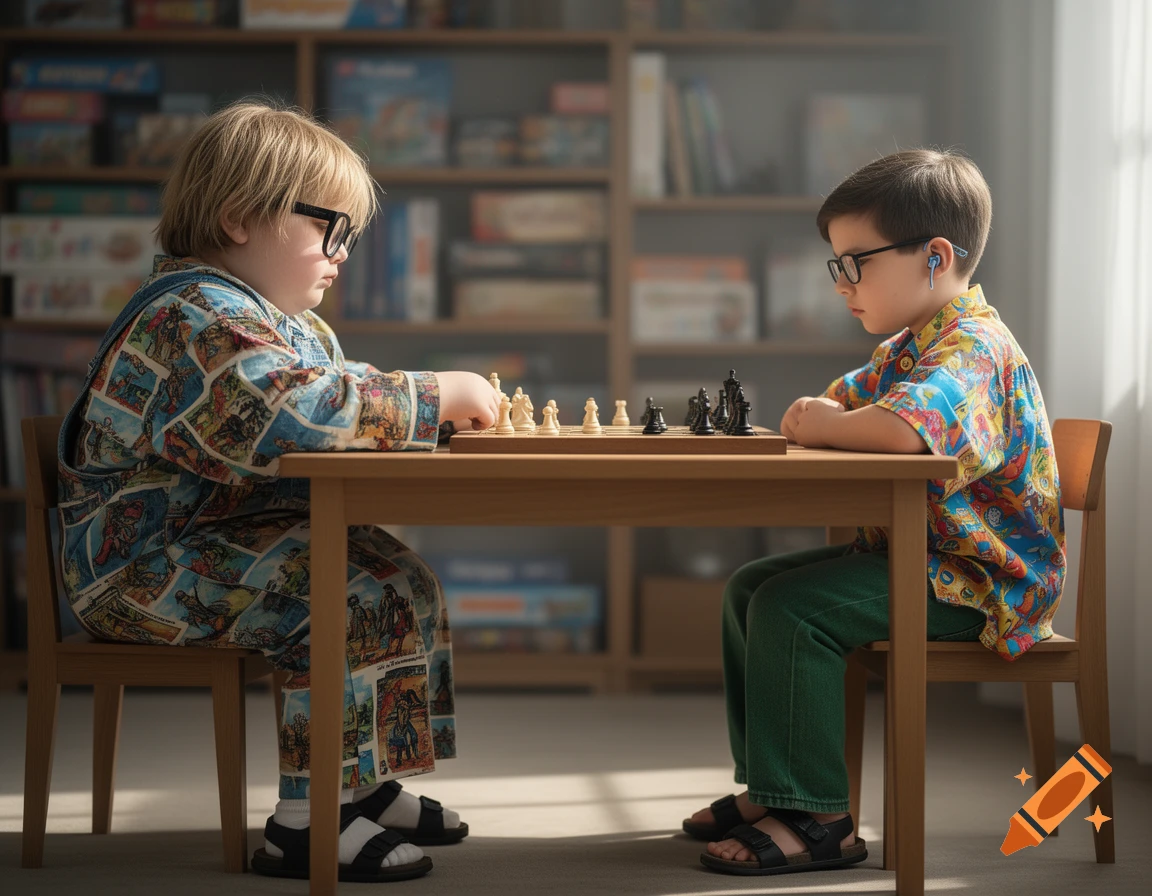 Two boys with glasses play chess at a wooden table in a photorealistic side-view portrait, with bookshelves in the background.