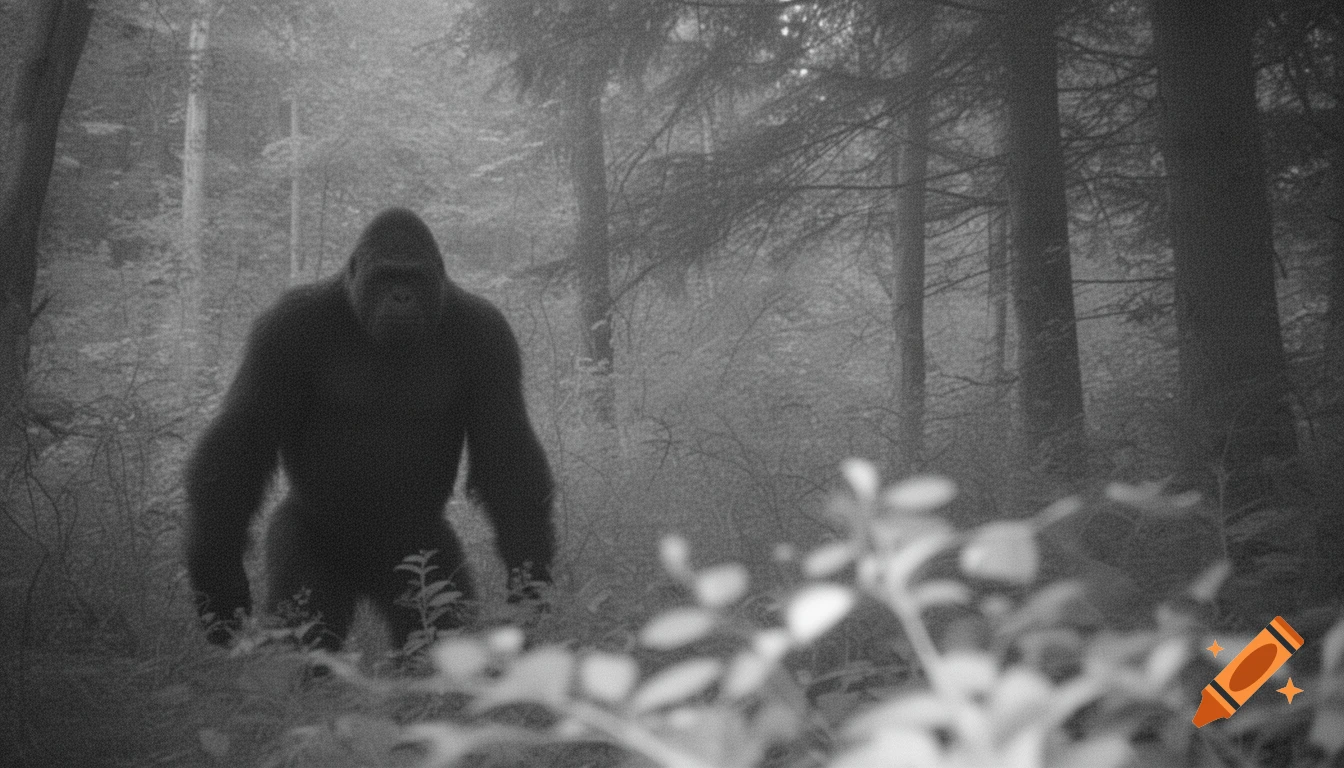A black and white, grainy trailcam photo shows a large, dark Bigfoot-like figure standing in a misty forest.
