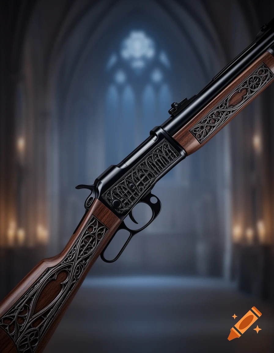 A close-up of a lever-action rifle with gothic carvings on wood and metal, against a blurred gothic cathedral background.
