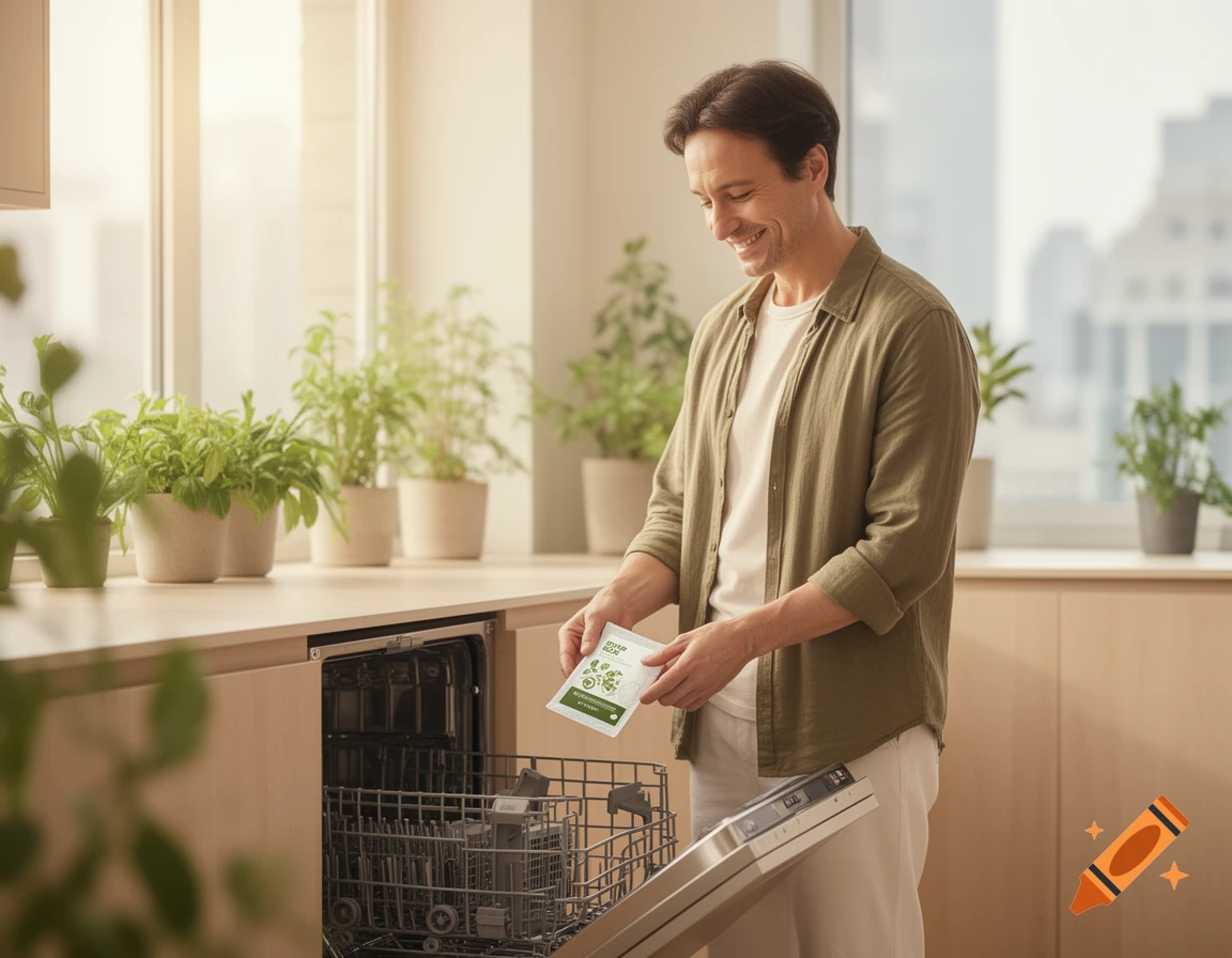 A smiling man in a modern kitchen places a small eco-friendly packet into a dishwasher.