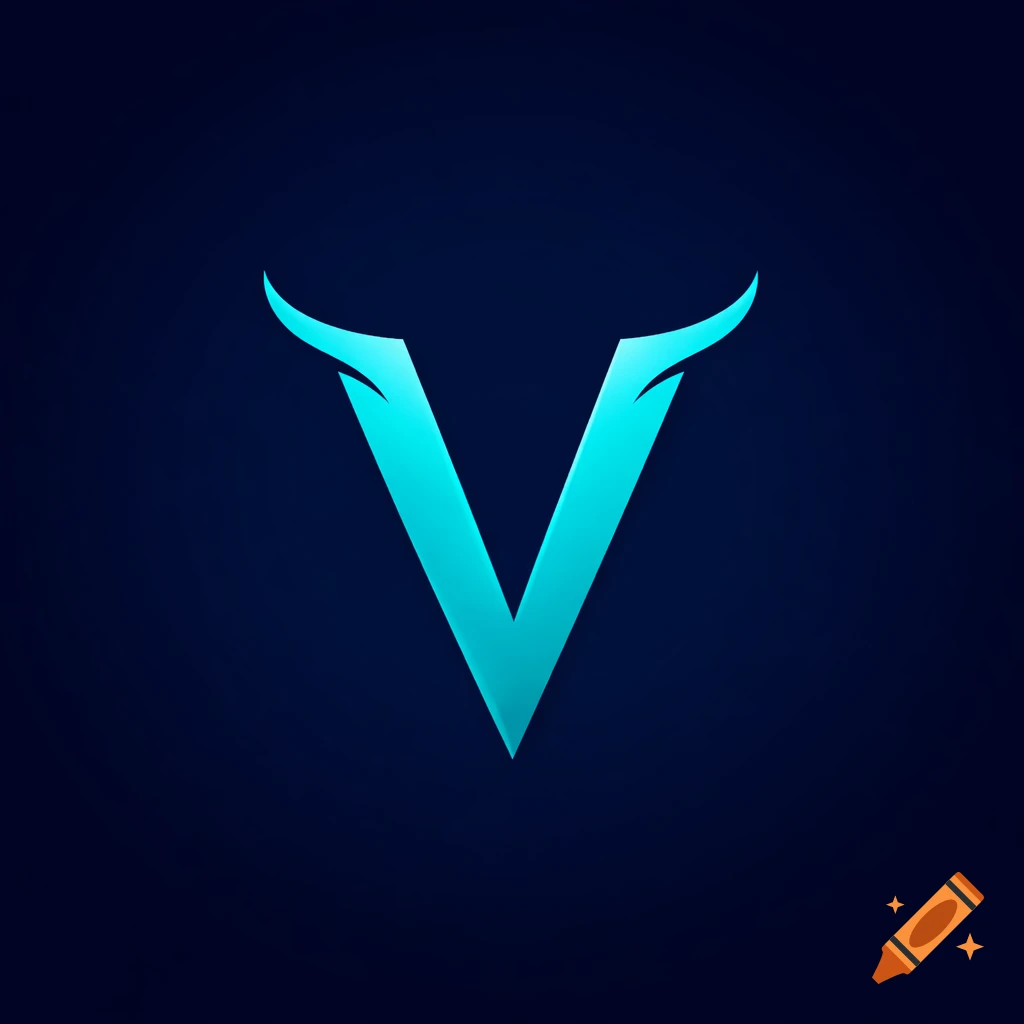 Minimalistic logo of a vibrant turquoise letter V with horns on a night blue background.