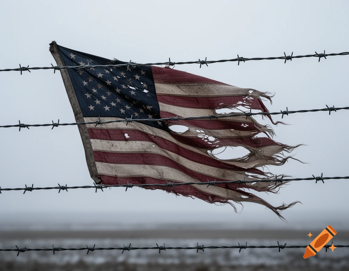 A tattered, weathered American flag, ripped and frayed, hangs behind several strands of barbed wire against an overcast sky.