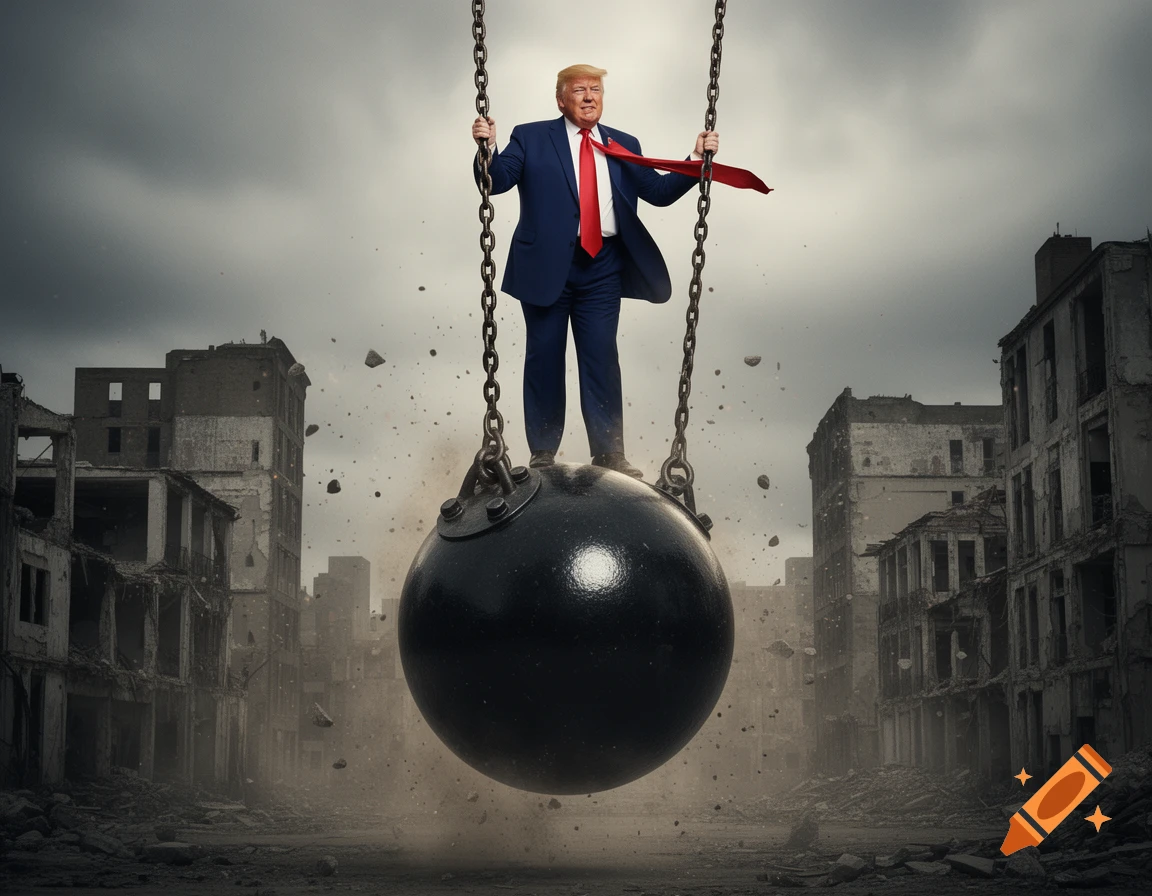 Donald Trump stands on a wrecking ball, holding chains, amidst a destroyed city, photorealistic.