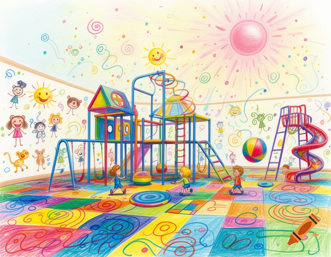 A vibrant, colorful children's illustration of an indoor playground with kids playing on slides and swings, featuring whimsical wall art.