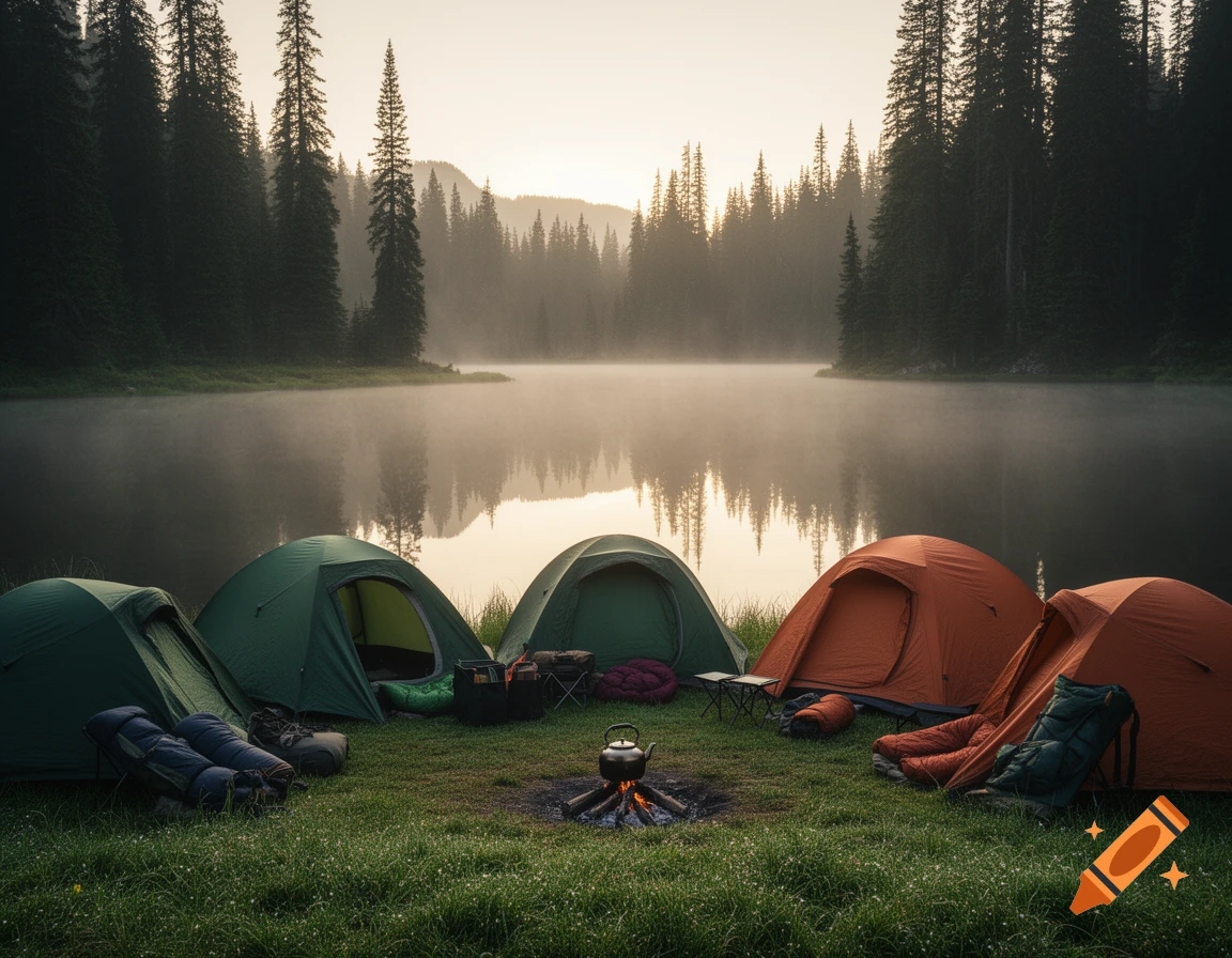 Tents pitched on a grassy shore by a misty lake at sunrise, surrounded by pine trees, with a campfire and kettle in the foreground.