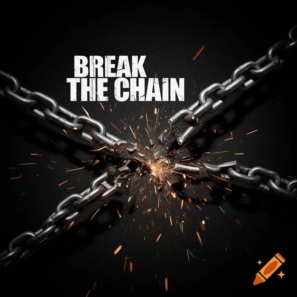Photorealistic image of heavy metal chains breaking in a burst of sparks on a dark background, with 'BREAK THE CHAIN' text.