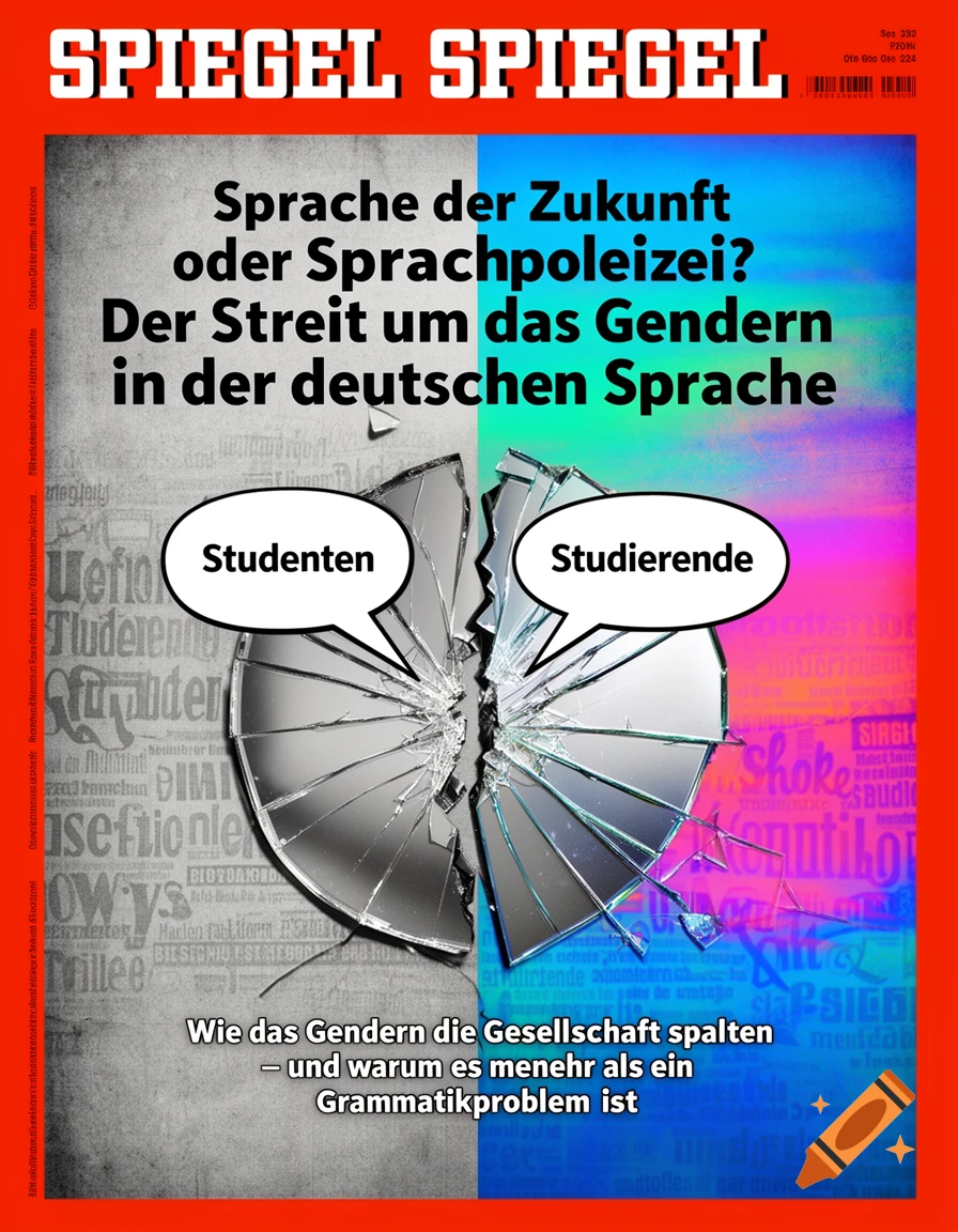 A magazine cover for Spiegel about gender-neutral language, featuring a broken mirror splitting speech bubbles for "Studenten" and "Studierende" on a grey and colorful background.