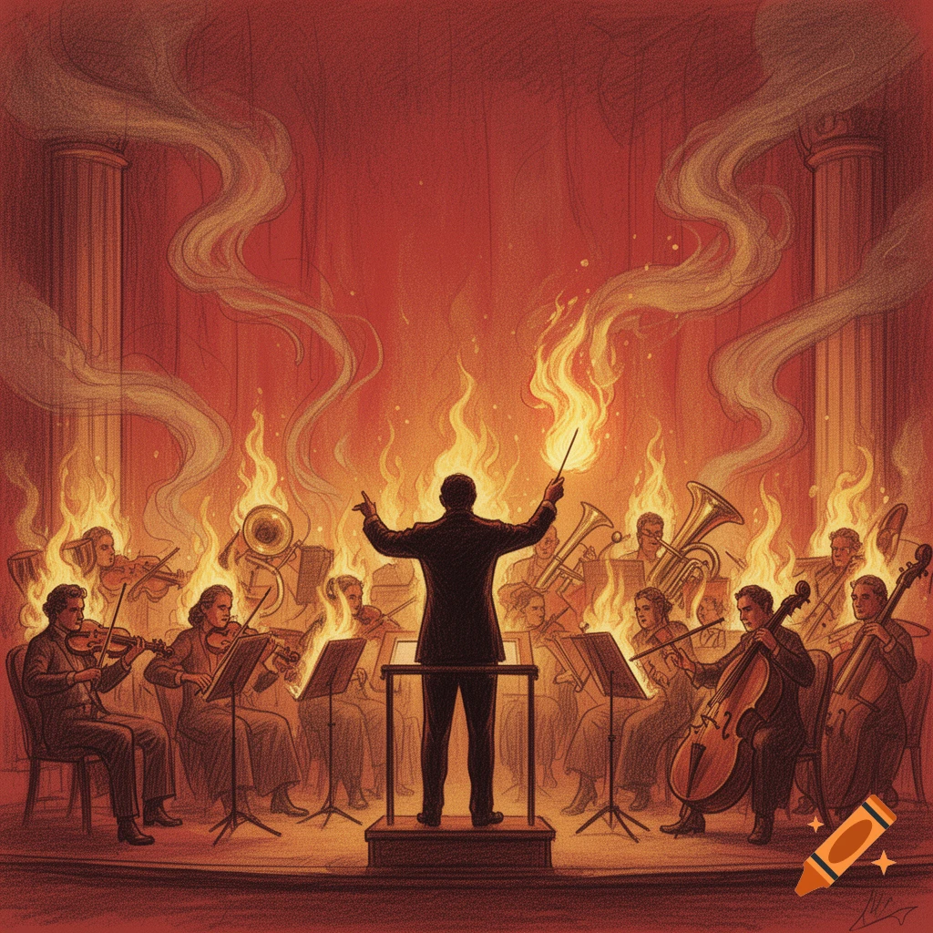A dramatic sketch of an orchestra performing on a stage engulfed in flames, led by a conductor.