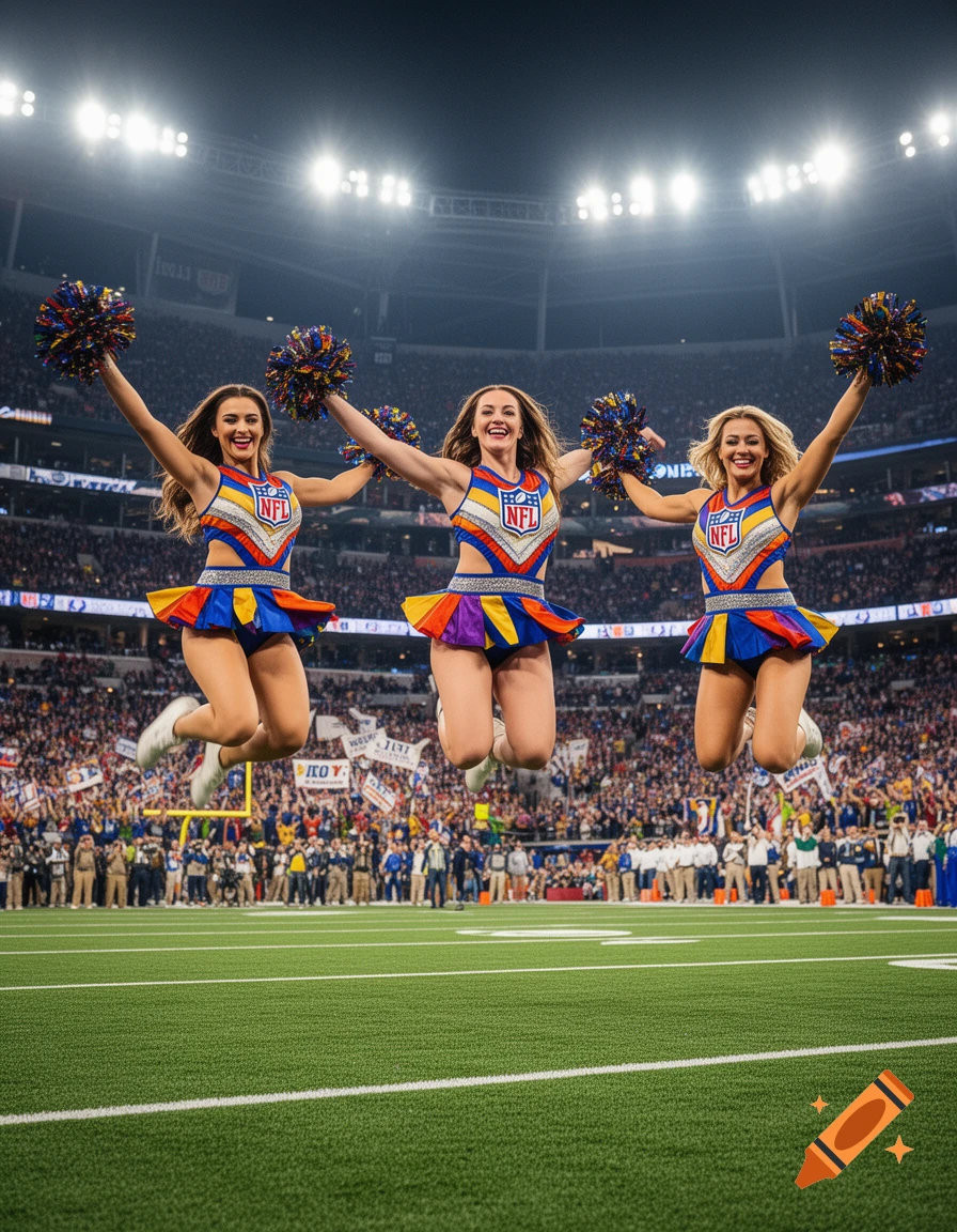 Three smiling cheerleaders in colorful uniforms jump in unison on a football field during a game, stadium lights bright above.