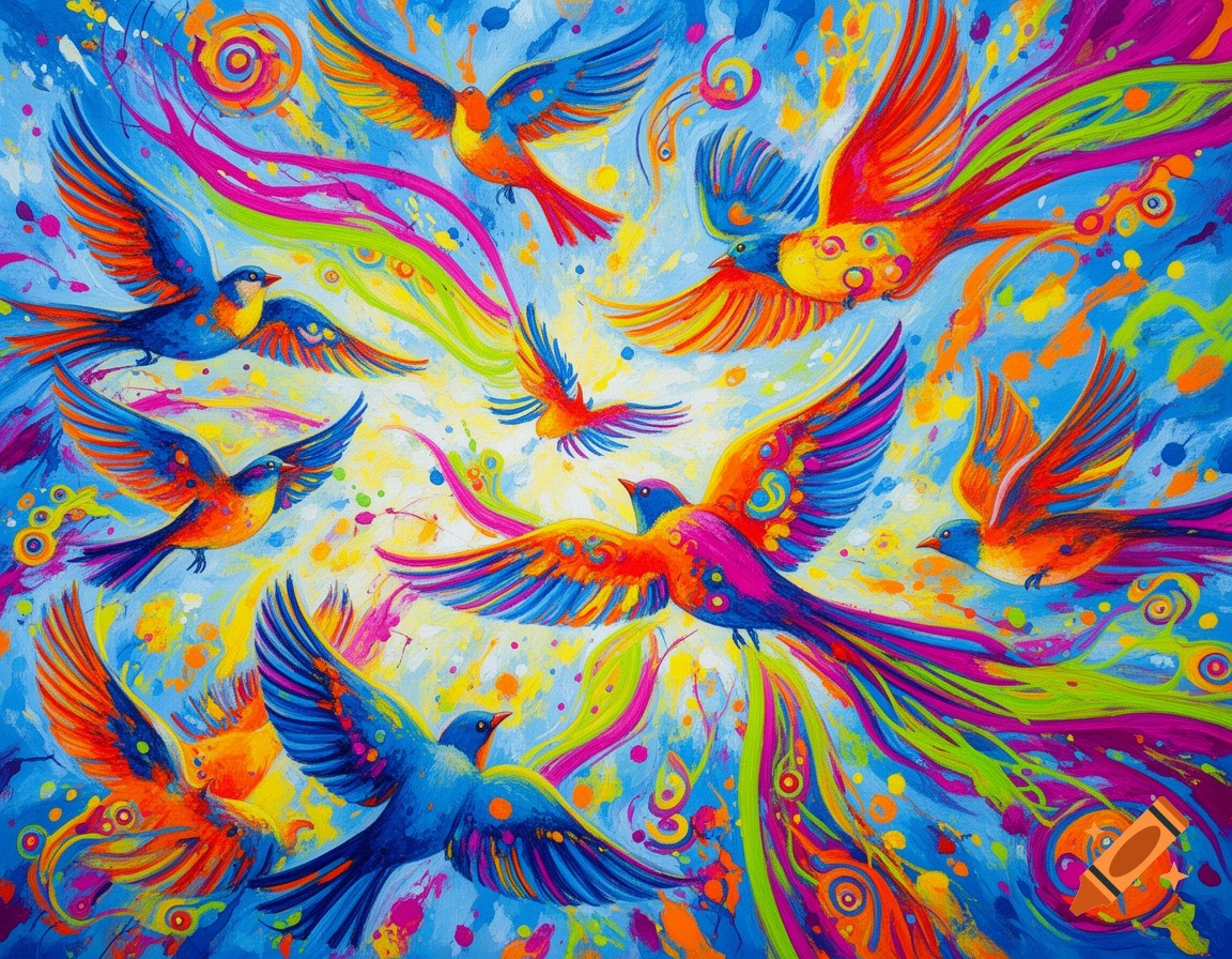 An expressionistic painting of many colorful birds flying amidst vibrant streaks and splatters of paint.