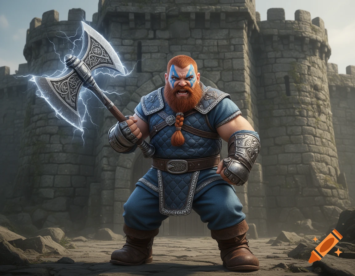 A raging dwarf barbarian with a red beard and blue face paint, wearing blue armor, wields an electric axe before a stone castle.