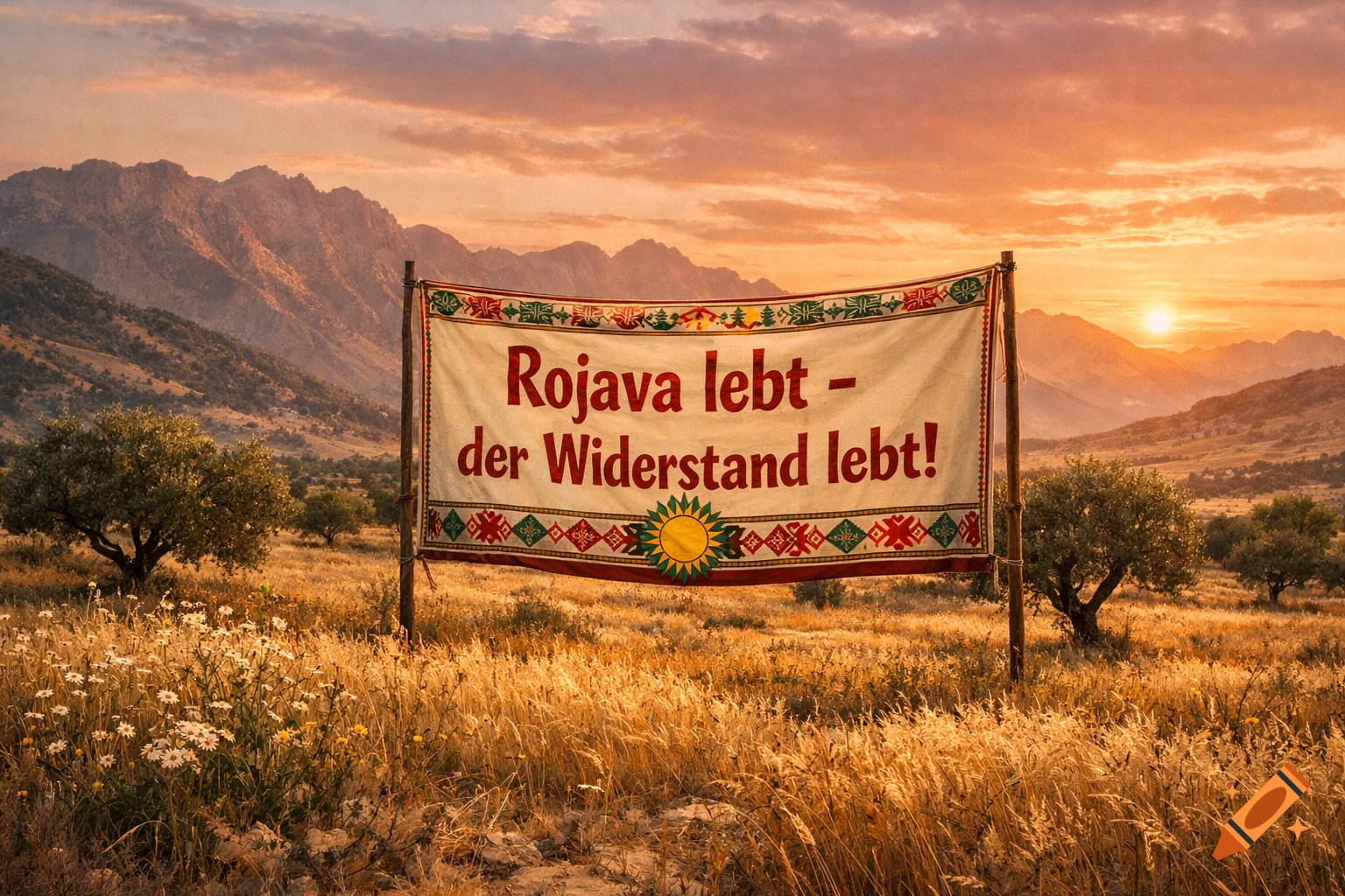 Photorealistic banner 'Rojava lebt Hyphen der Widerstand lebt!' in a golden field with olive trees, mountains, and sunset sky.