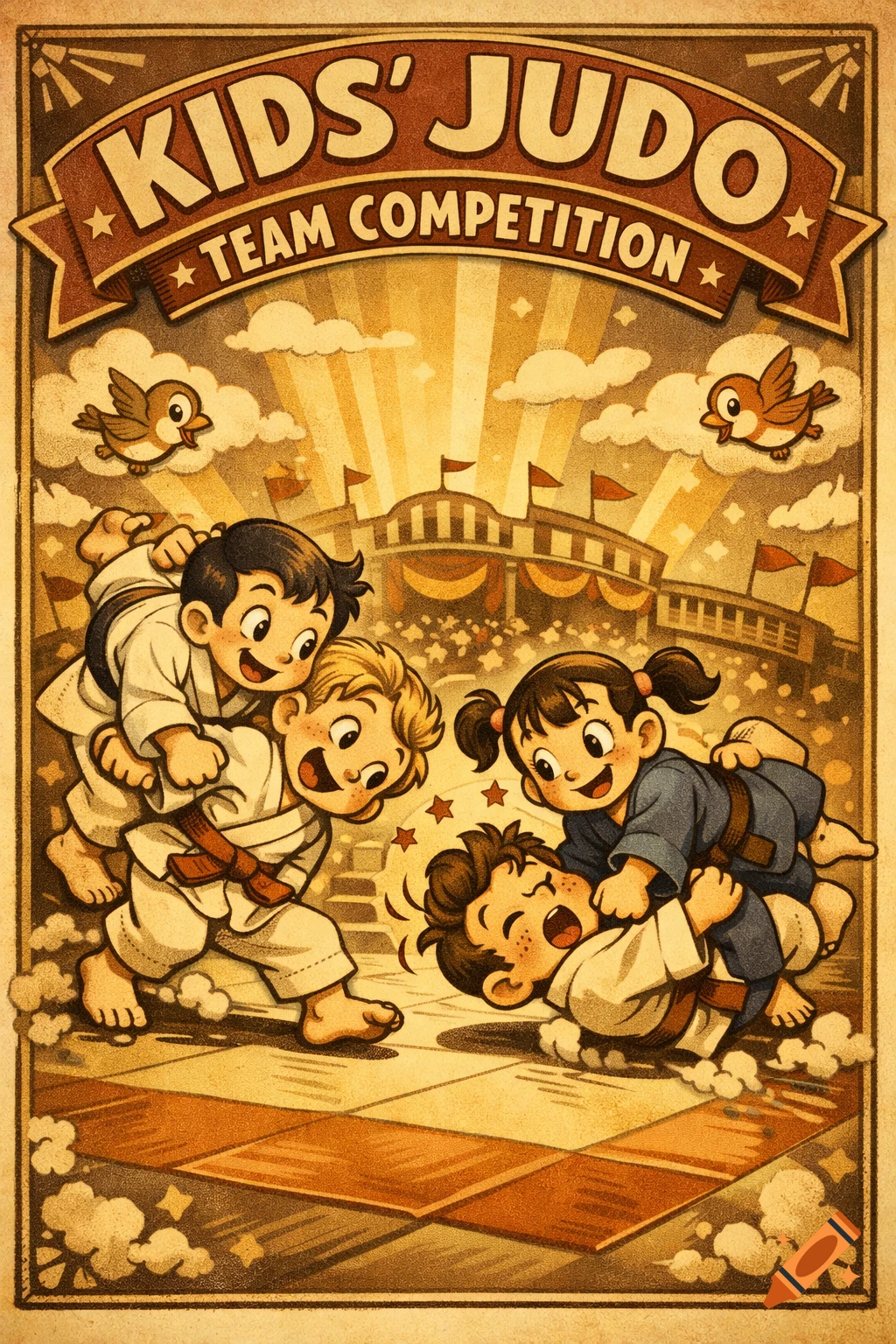 A retro 1930s cartoon poster showing smiling children in judo gi competing, with text "Kids' Judo Team Competition".