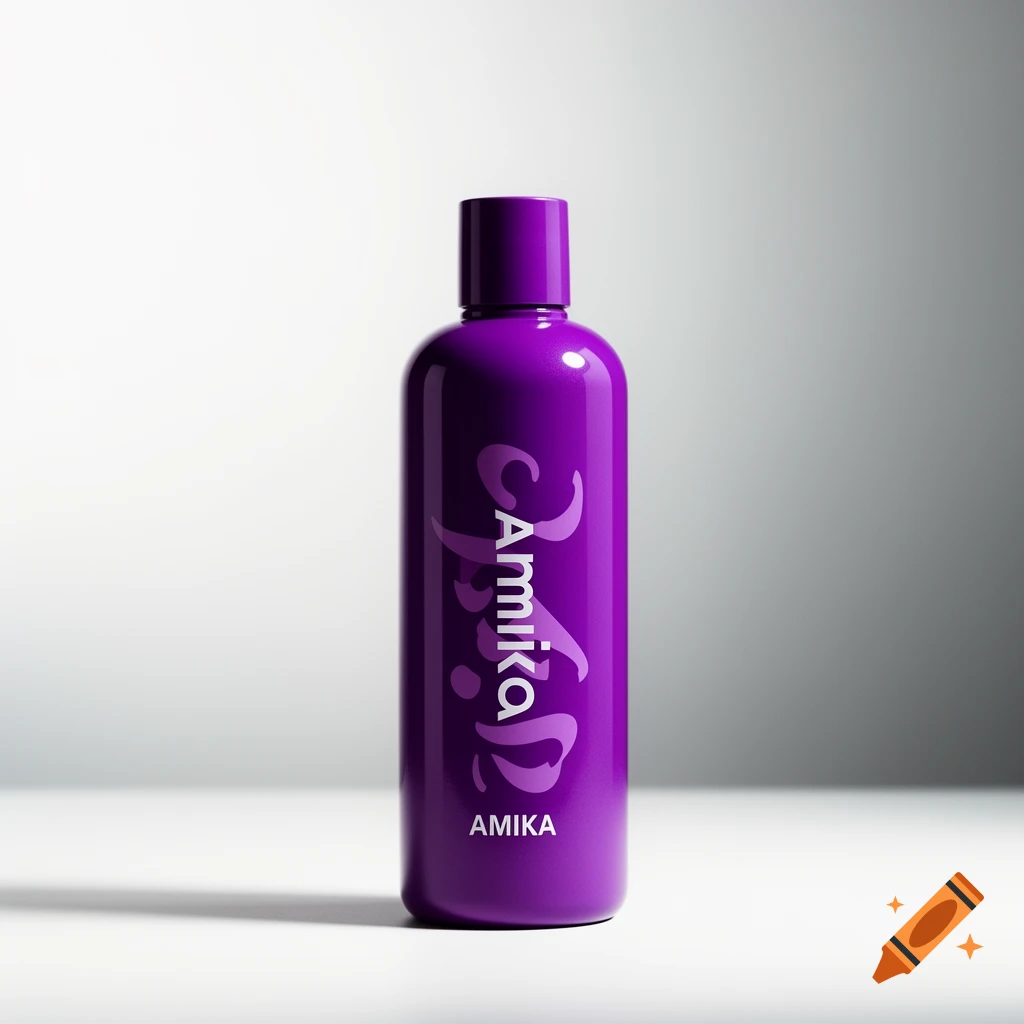 A photorealistic purple Amika bottle stands on a white surface with a soft grey background.
