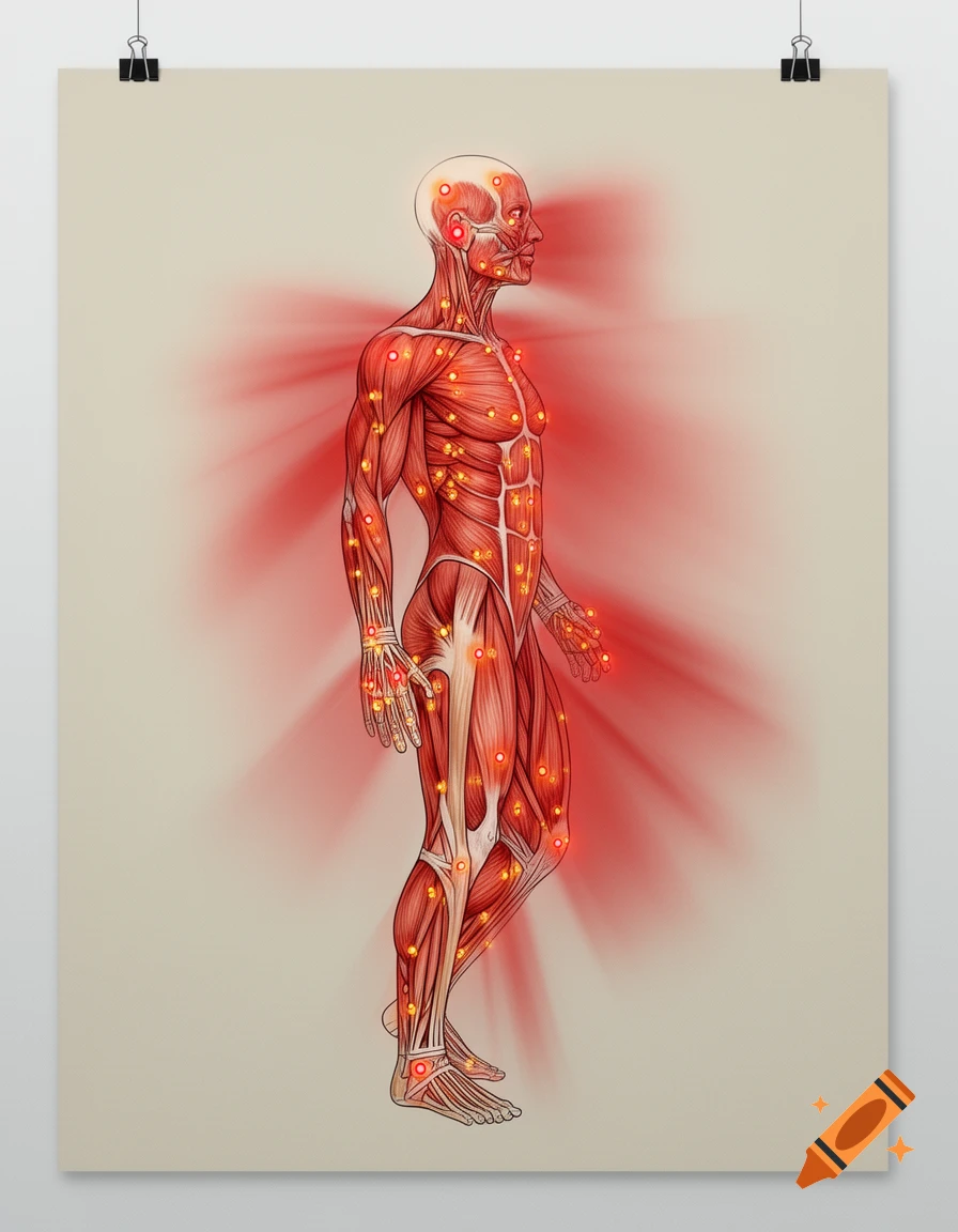 An anatomical illustration poster of a human muscular system with glowing trigger points and red pain areas radiating outwards.