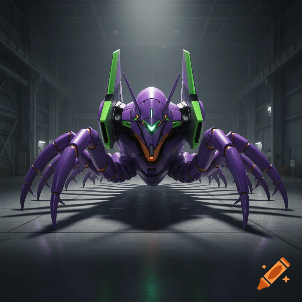 A photorealistic purple and green mecha-spider with glowing green eyes stands in a dimly lit industrial hangar.