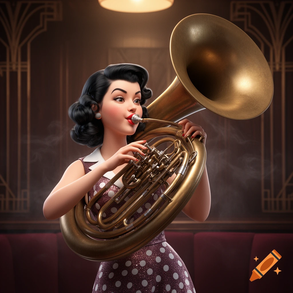 A 3D stylized woman with dark hair and red lipstick plays a large brass tuba in a retro, dimly lit setting.