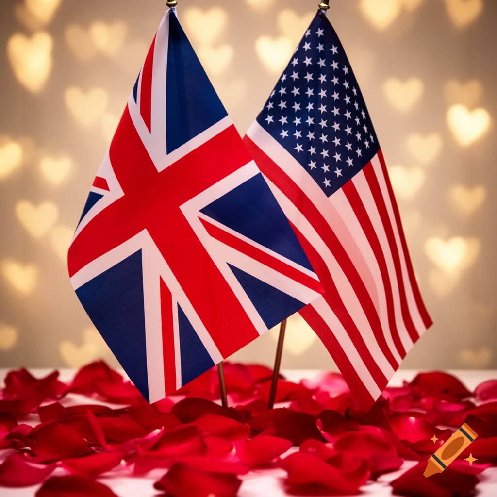 The Union Jack and American flags stand side-by-side amidst red rose petals, with a background of heart-shaped bokeh.