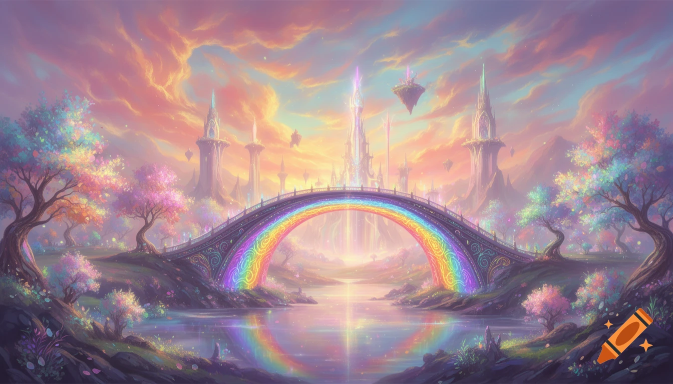 Vibrant fantasy landscape with a rainbow bridge arching over water, flanked by luminous trees and ethereal towers under a colorful sky.