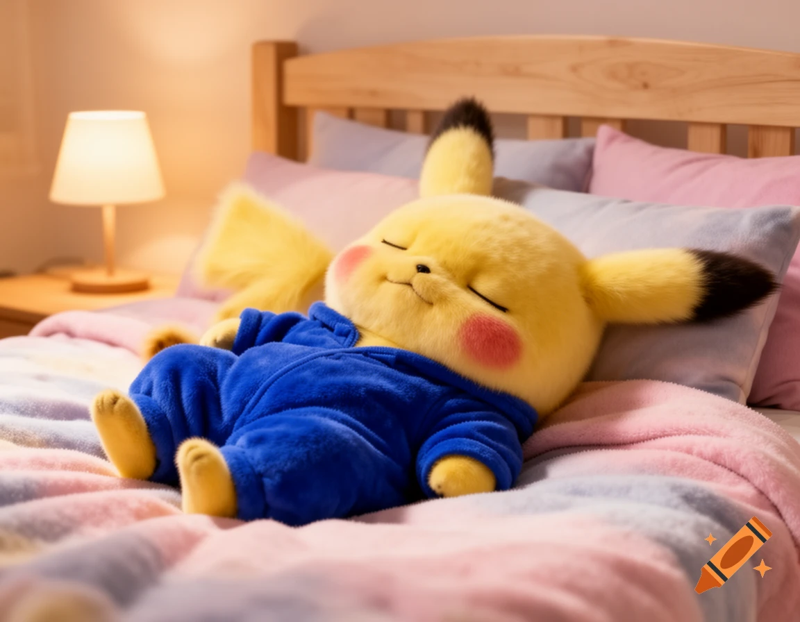 A hyperrealistic Pikachu plushie wearing a blue onesie sleeps peacefully on a bed with pink and blue blankets.