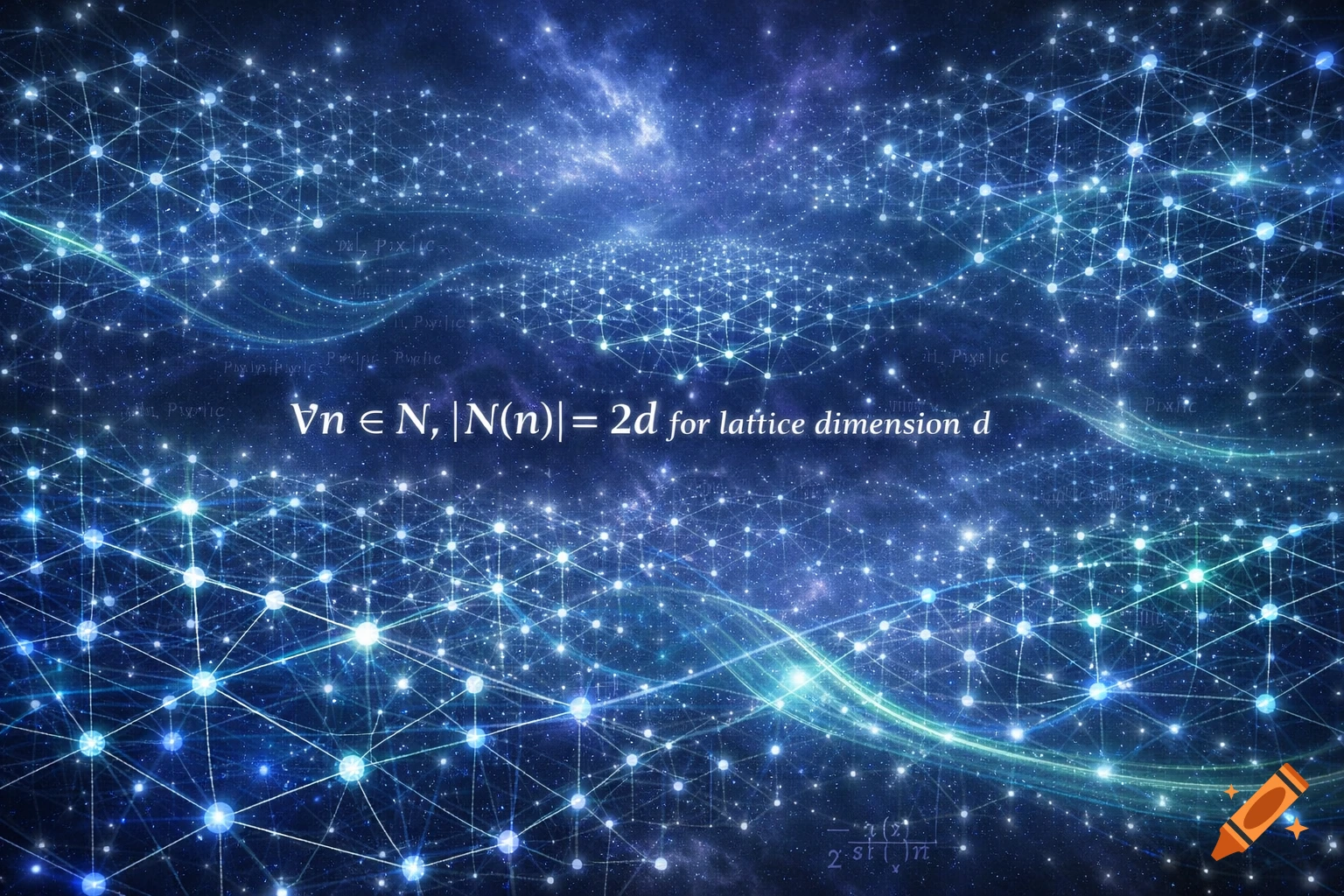 A luminous blue and white network of interconnected nodes against a dark blue, star-filled cosmic background with a mathematical formula rendered in white text.