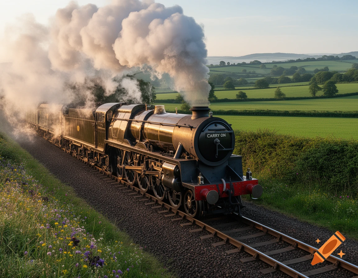 A vintage steam train, labeled "CARRY ON," billows white smoke as it moves through a vibrant green, rolling countryside.