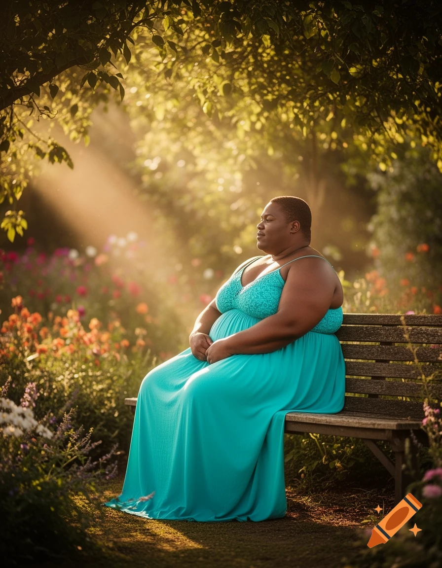 A pregnant woman in a teal dress sits on a wooden bench in a sun-dappled garden, hands on her belly.