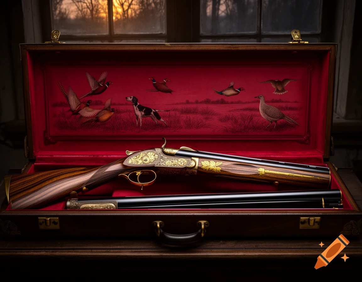 An exquisite, ornate over-under shotgun with golden engravings in a red velvet-lined mahogany case, illuminated by dim evening light.