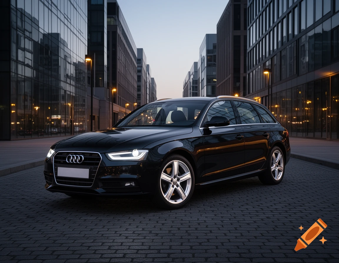 A black Audi A4 Avant wagon is parked on a cobblestone street in a modern city at dusk.