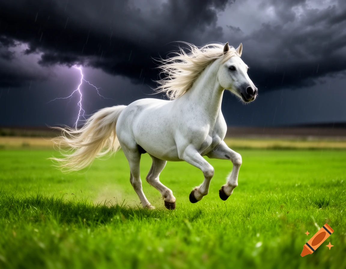 A majestic white horse gallops across a green field under a stormy sky ...