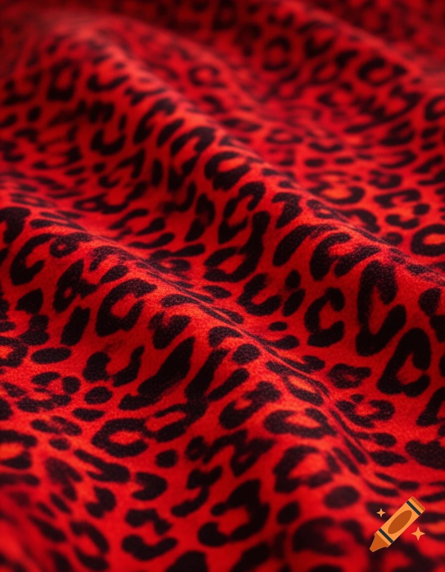 Close-up of red fabric with a black leopard print pattern, showing natural folds and texture.