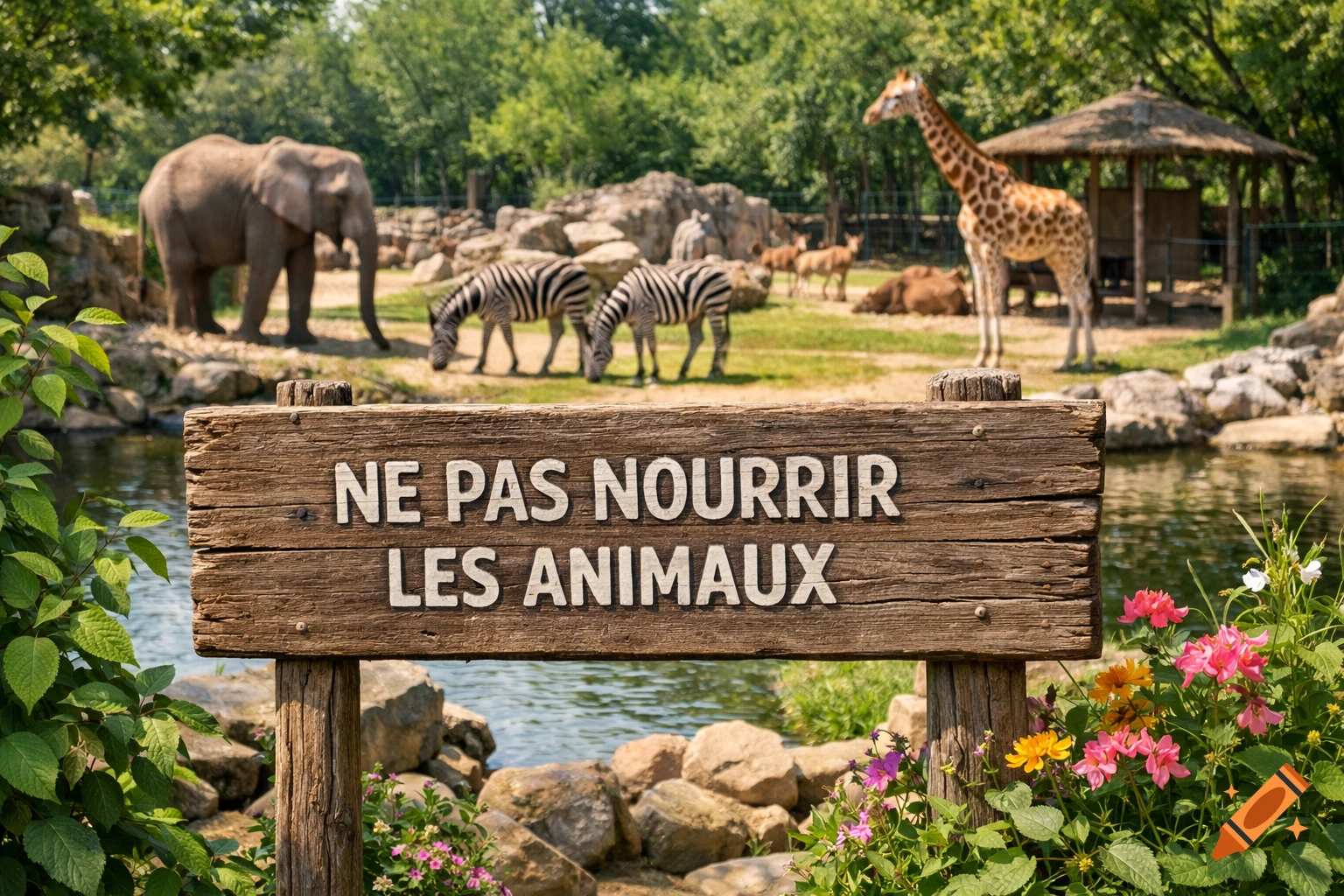 Wooden sign 'NE PAS NOURRIR LES ANIMAUX' in French, in front of elephants, zebras, and a giraffe at a zoo.