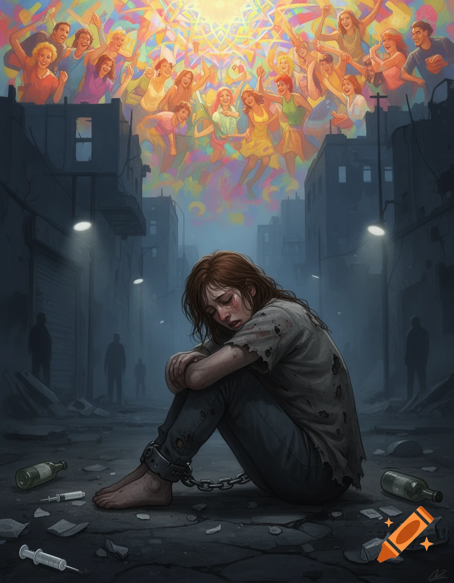 A crying, chained person sits in a dark alley amidst drug paraphernalia, contrasted by a vibrant, joyful crowd floating above.