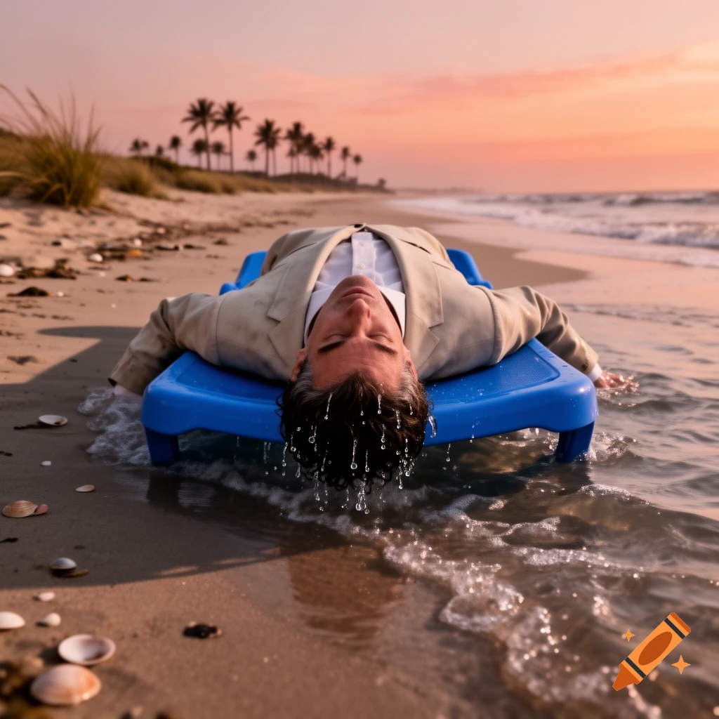 Man in a suit lies face down on a blue lounge chair partially submerged in the ocean at sunset on a sandy beach.