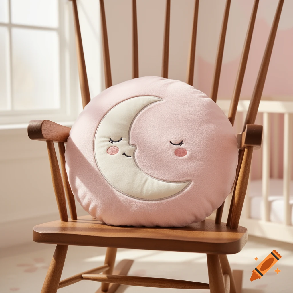 A pink round baby pillow with a sleeping crescent moon face rests on a wooden rocking chair in a softly lit nursery.