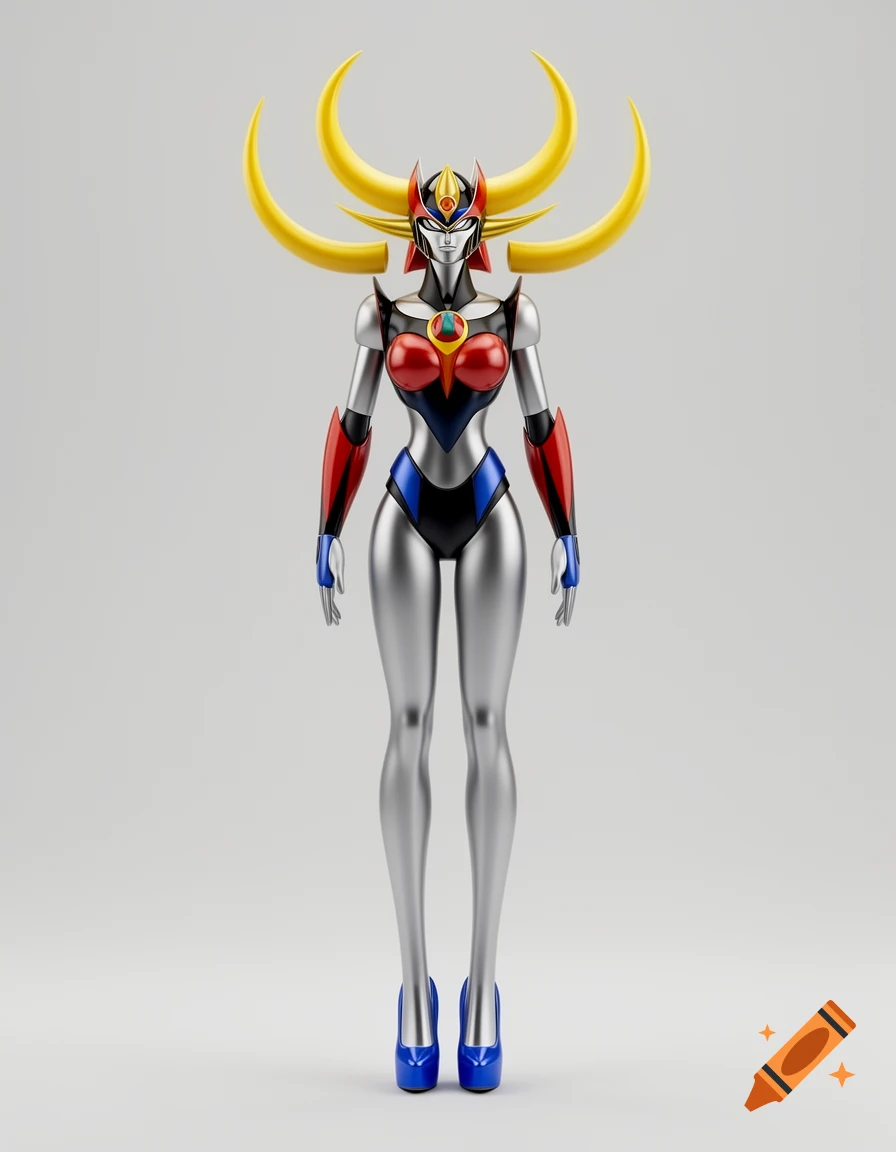 A stylized, feminized Goldorak robot figurine, primarily silver with red, blue, and black accents, yellow crescent horns, and blue platform heels, on a light grey background.