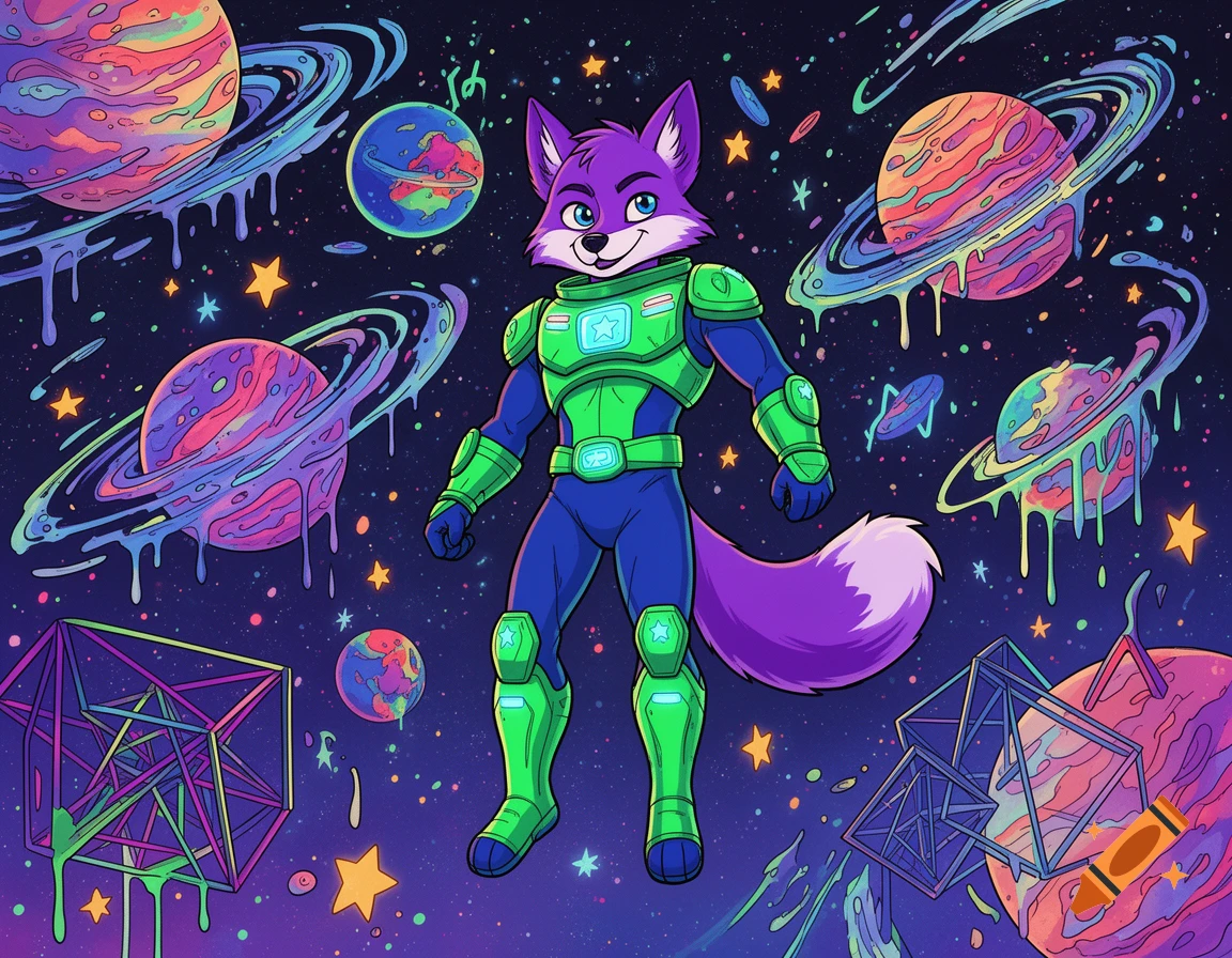 A purple anthro fox space ranger in green and blue armor floats in surreal, neon-colored cosmic space with melting planets and geometric shapes.