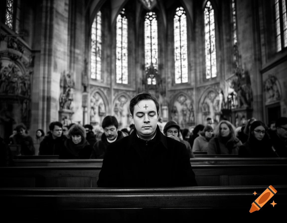 Black and white photo of a person with an ash cross on their forehead, eyes closed, in a church during a service.