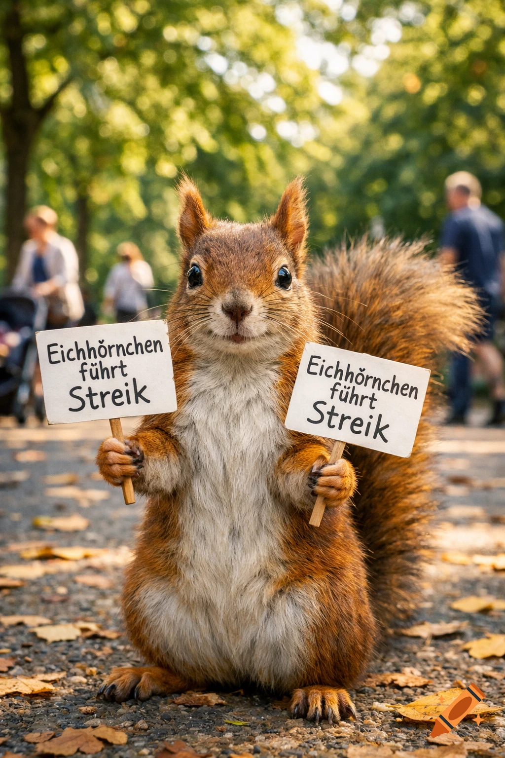 A photorealistic squirrel holds two 'Squirrel is on strike' signs in a sunny park setting.