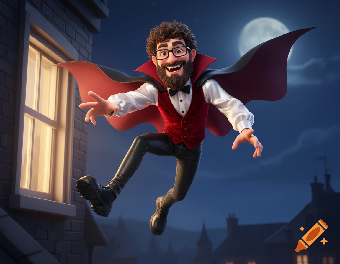A 3D animated friendly vampire with glasses, beard, and fangs, wearing a cape and red vest, jumps from a window at night.