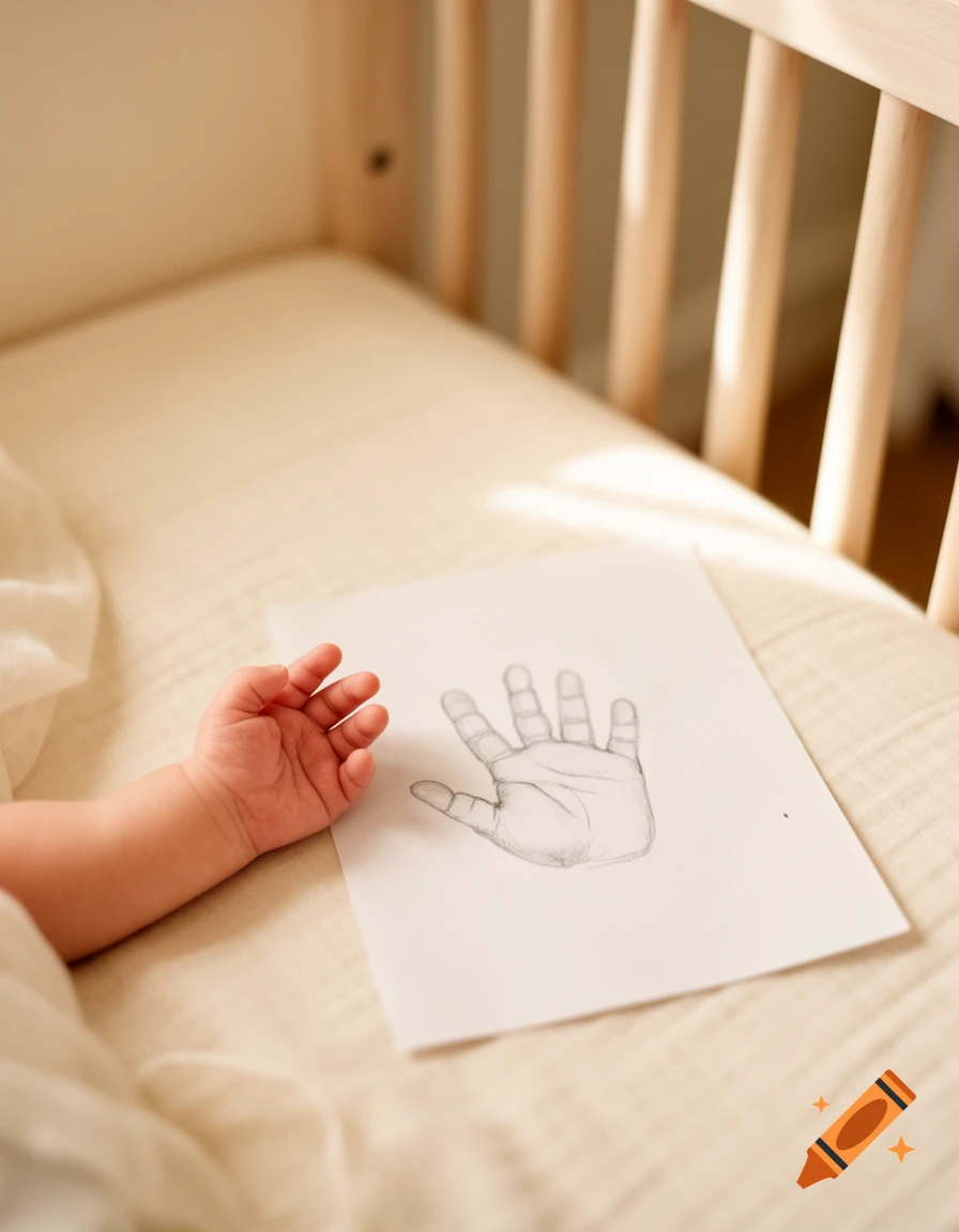 A baby's hand rests in a cozy crib next to a pencil drawing of a hand on a white paper, bathed in warm light.