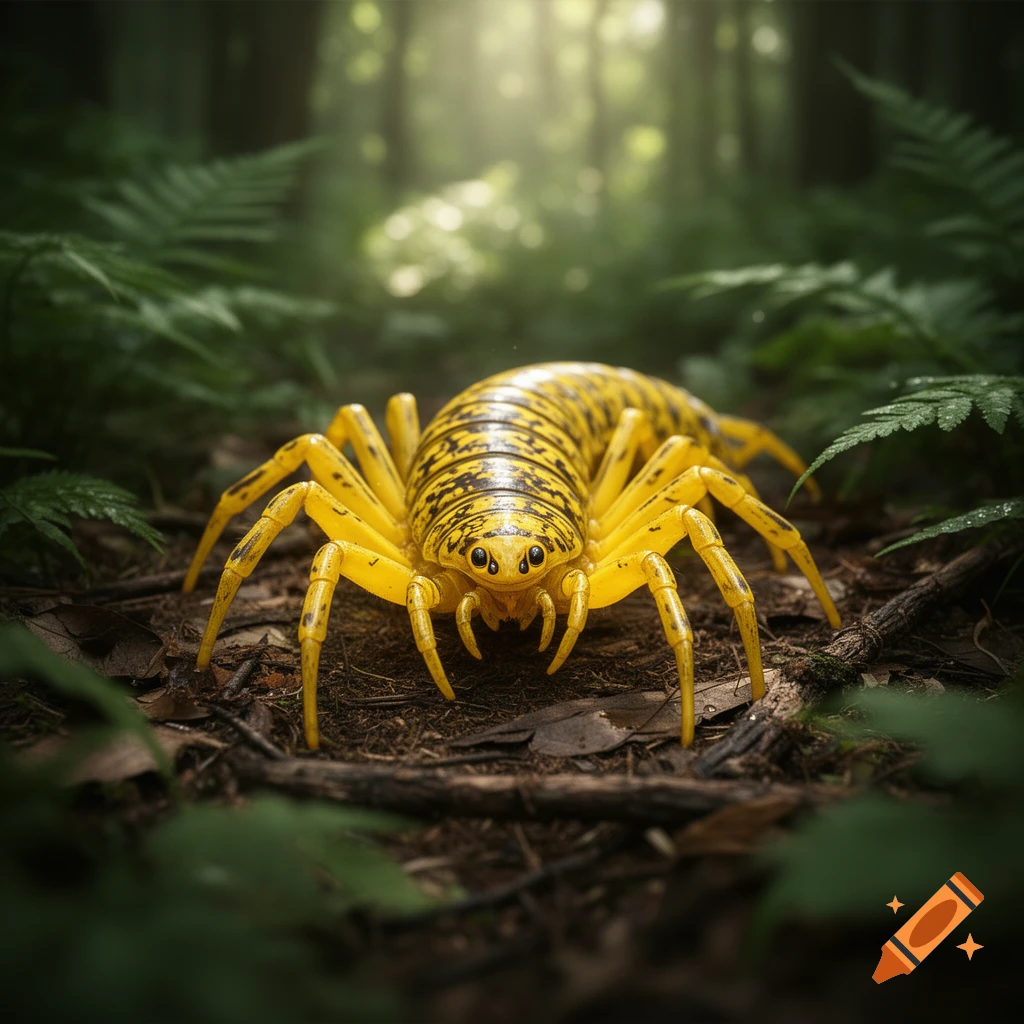 A large yellow hybrid centipede-spider with black stripes on a forest floor, with sunlight filtering through the background trees.
