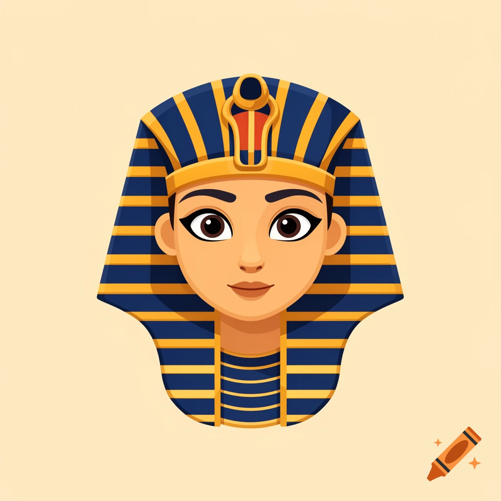 Cartoon illustration of an Egyptian pharaoh's head wearing a blue and gold striped nemes headdress and uraeus.